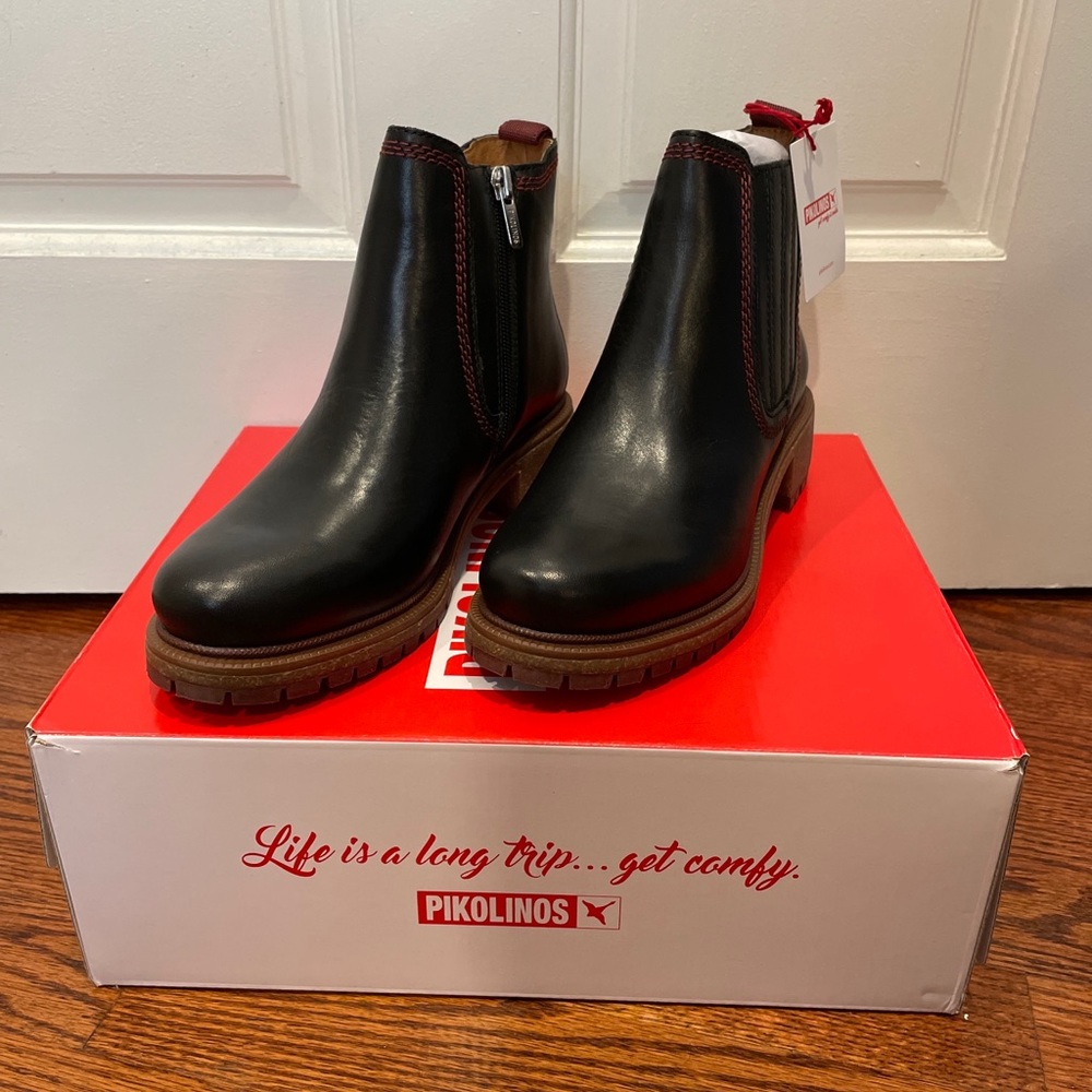 Pikolinos Aspe Bootie Pull Up Lugg Soles Side Zip Women Black Leather Sz 36